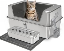 Ptlom Stainless Steel High Sides Cat Litter Box with Lid, Medium: 11.8-in