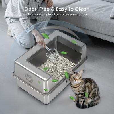 Show full view: Ptlom Stainless Steel High Sides Cat Litter Box with Lid, Medium: 11.8-in slide 5 of 6