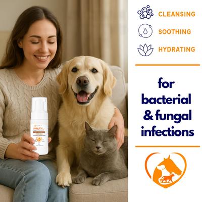 Show full view: Healthy Paw Life OMNISx Leave-On Mousse Sulfur based Veterinary-Strength Liquid Formula for Dogs & Cats, 100-mL bottle slide 3 of 7