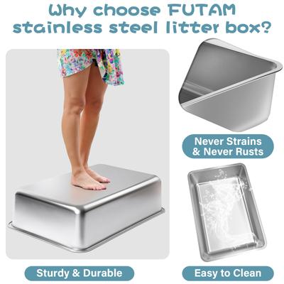 Show full view: FUTAM High Sided Stainless Steel & Metal Cat Litter Box, XX-Large, 8-in, 1 count slide 5 of 6