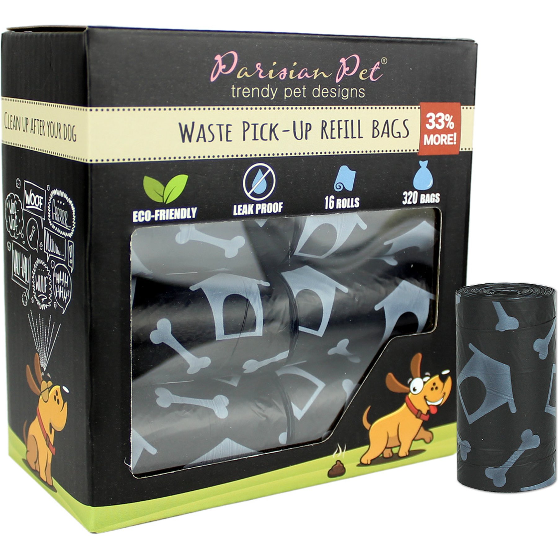 Parisian Pet Dog House Waste Bags Eco-Friendly Leak-Proof Black Poop Bag for Dogs, 16 count