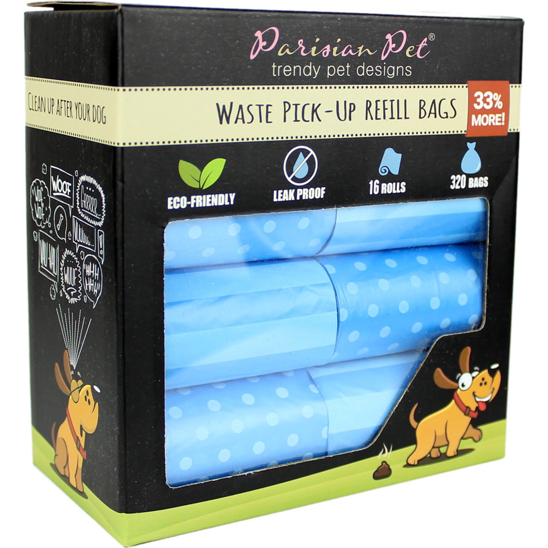 Parisian Pet Blue Stripes & Dots Waste Bags Eco-Friendly Leak-Proof Black Poop Bag for Dogs, 16 count