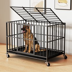 Xbrigh Indoor Escape-Proof Double-Door Steel Dog Cage with Removable Tray & Wheels, Black, 48-in