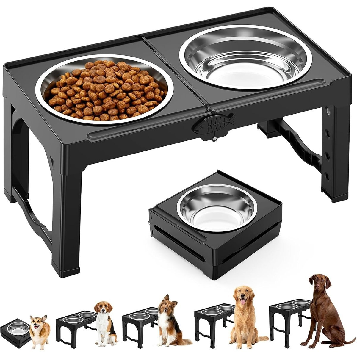 Mutrelenx Raised Adjustable Elevated Dog Bowls & Stand with 2 Stainless Steel Bowls, Large, Black