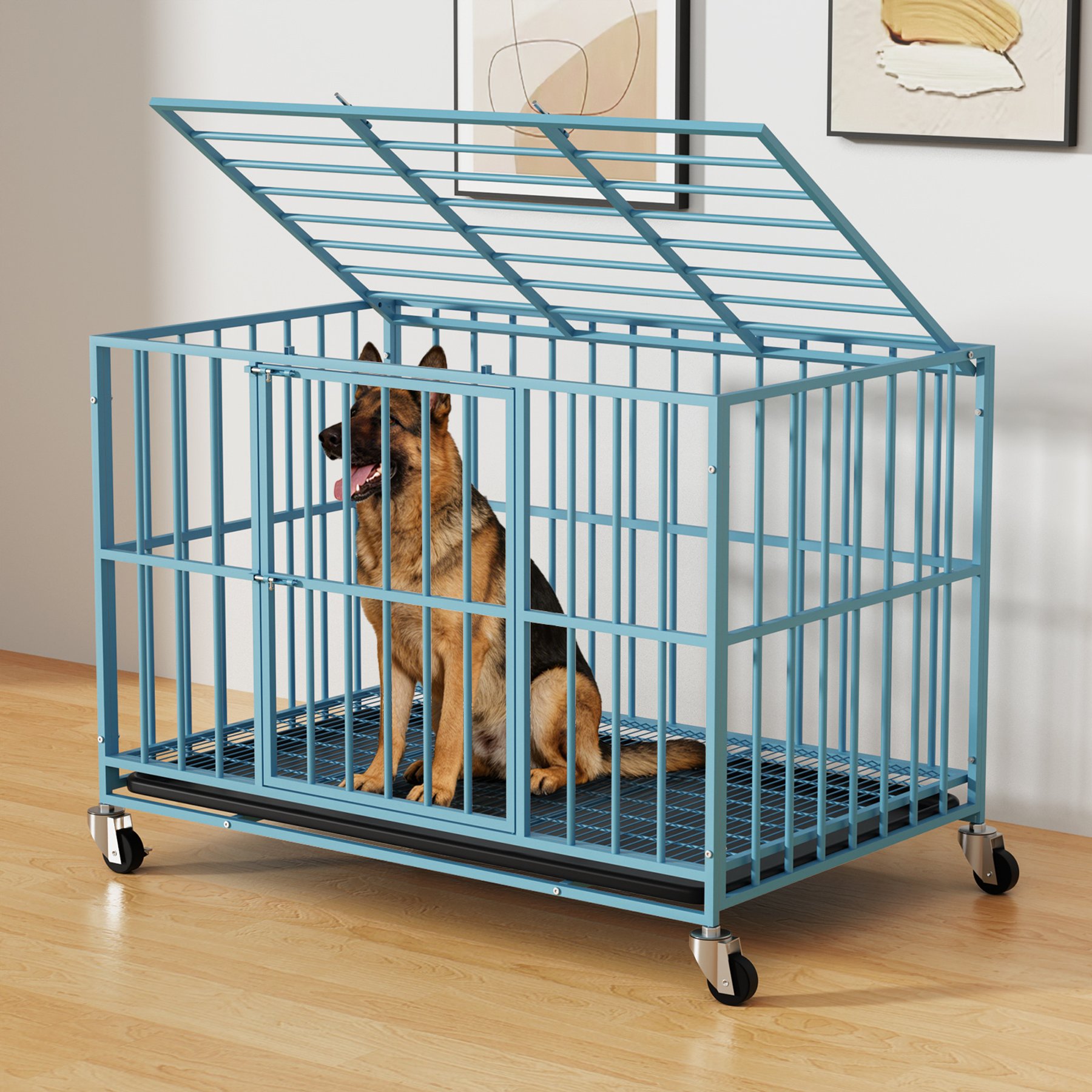 Xbrigh Indoor Escape-Proof Double-Door Steel Dog Cage with Removable Tray & Wheels, Blue, 48-in