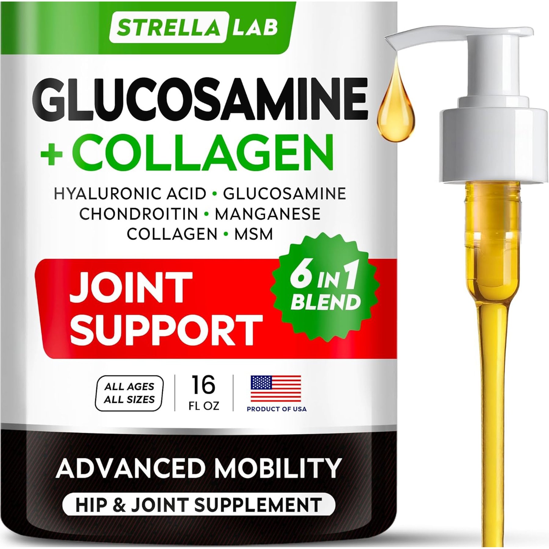 StrellaLab Joint Support Bacon Flavored Liquid Glucosamine & Collagen Supplement for Dogs, 16-fl oz bottle