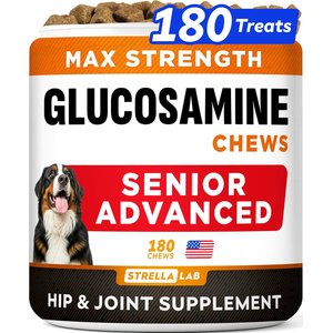 StrellaLab Senior Advanced Glucosamine Chondroitin Hip & Joint with Omega 3 & Fish Oil Chew Supplement for Dogs, 180 count