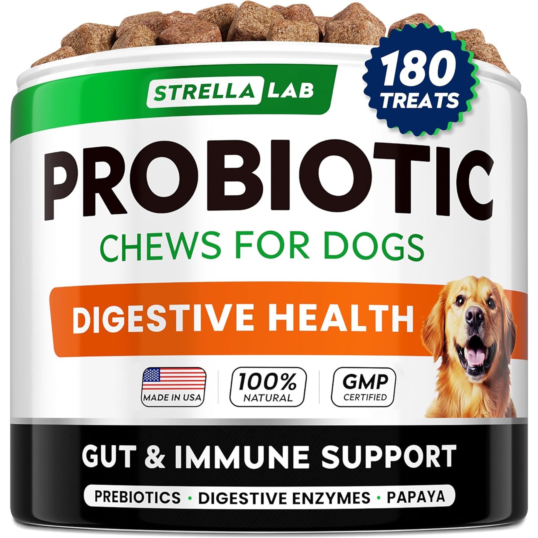 StrellaLab Probiotics Bacon Flavored Digestive Health Soft Chews for Dogs with Prebiotics & Digestive Enzymes, 180 count