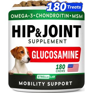 StrellaLab Glucosamine Chondroitin & Hip & Joint with Omegas 3 & Fish Oil Advanced Mobility Chew Supplement for Dogs, 180 count