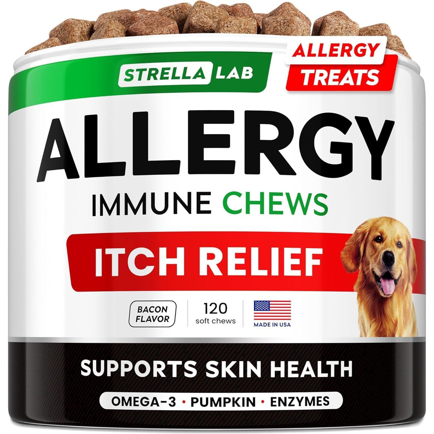 StrellaLab Allergy & Itch Relief Bacon Flavored Soft Chews for Dogs with Omega-3 Fish Oil, 240 count bundle