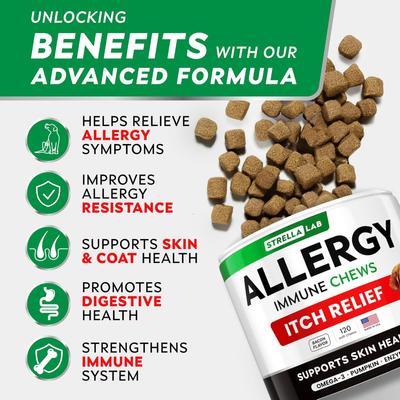 Show full view: StrellaLab Allergy Relief & Anti Itch Relief with Omega 3 Skin & Coat Fish Oil Chew Supplement for Dogs, 120 count slide 3 of 10
