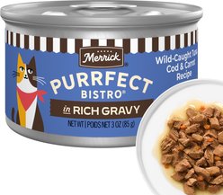 Merrick Purrfect Bistro Wild-Caught Tuna, Cod & Carrot Recipe in Rich Gravy Wet Cat Food, 3-oz can, case of 24