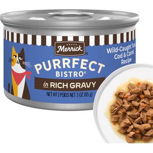 Merrick Purrfect Bistro Wild-Caught Tuna, Cod & Carrot Recipe in Rich Gravy Wet Cat Food, 3-oz can, case of 24