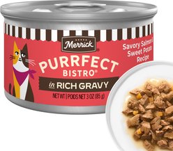 Merrick Purrfect Bistro Savory Salmon & Sweet Potato Recipe in Rich Gravy Wet Cat Food, 3-oz can, case of 24