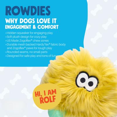 Show full view: West Paw Rolf Rowdies Durable Squeaky Plush Dog Toy, Citrus slide 3 of 11