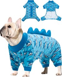 CuteBone Dino Small Dog Pajamas, Blue Shark, Small slide 1 of 9