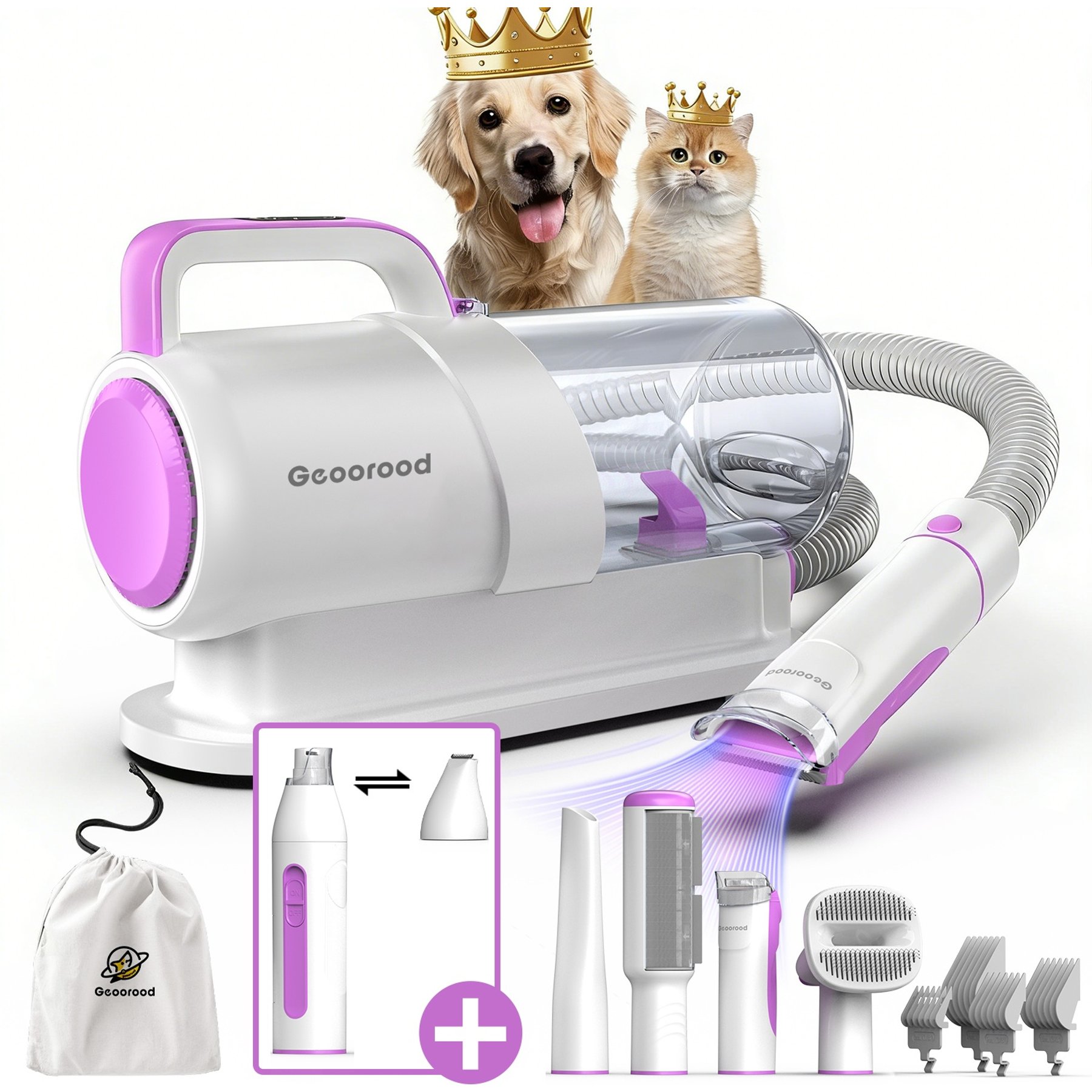 GEOOROOD 6-in-1 Pet Grooming Vacuum Kit, 2.2-L, White/Purple