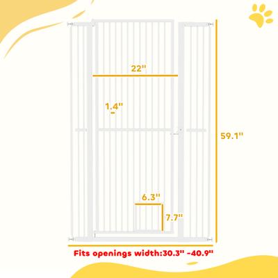Show full view: PawHut Metal Dog & Cat Gate with Door, 1.4-in Narrow Gap & 2.8 - 5.5-in Extension, White, 40.9 × 1.4 × 59.1-in slide 3 of 9