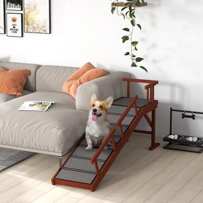Show full view: PawHut Wooden Dog Stairs Ramp with Removable Guardrails & Non-Slip Surface, Brown, 59.8 × 15.7 × 27.8-in slide 2 of 9
