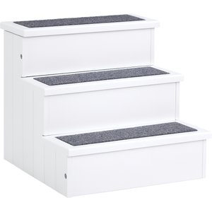 PawHut Non Slip Wooden Carpeted Dog & Cat Stairs Ramp, White, 3-Steps, 16 x 17.5 x 15-in