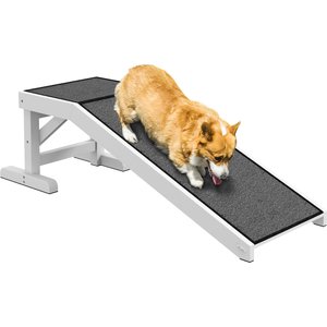 PawHut Top Platform Wooden Dog Bed Ramp with Non-Slip Carpet, White, 49.25 × 15.75 × 14-in