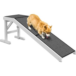 PawHut Top Platform Wooden Dog Bed Ramp with Non-Slip Carpet, White, 59.75 × 15.75 × 19.75-in