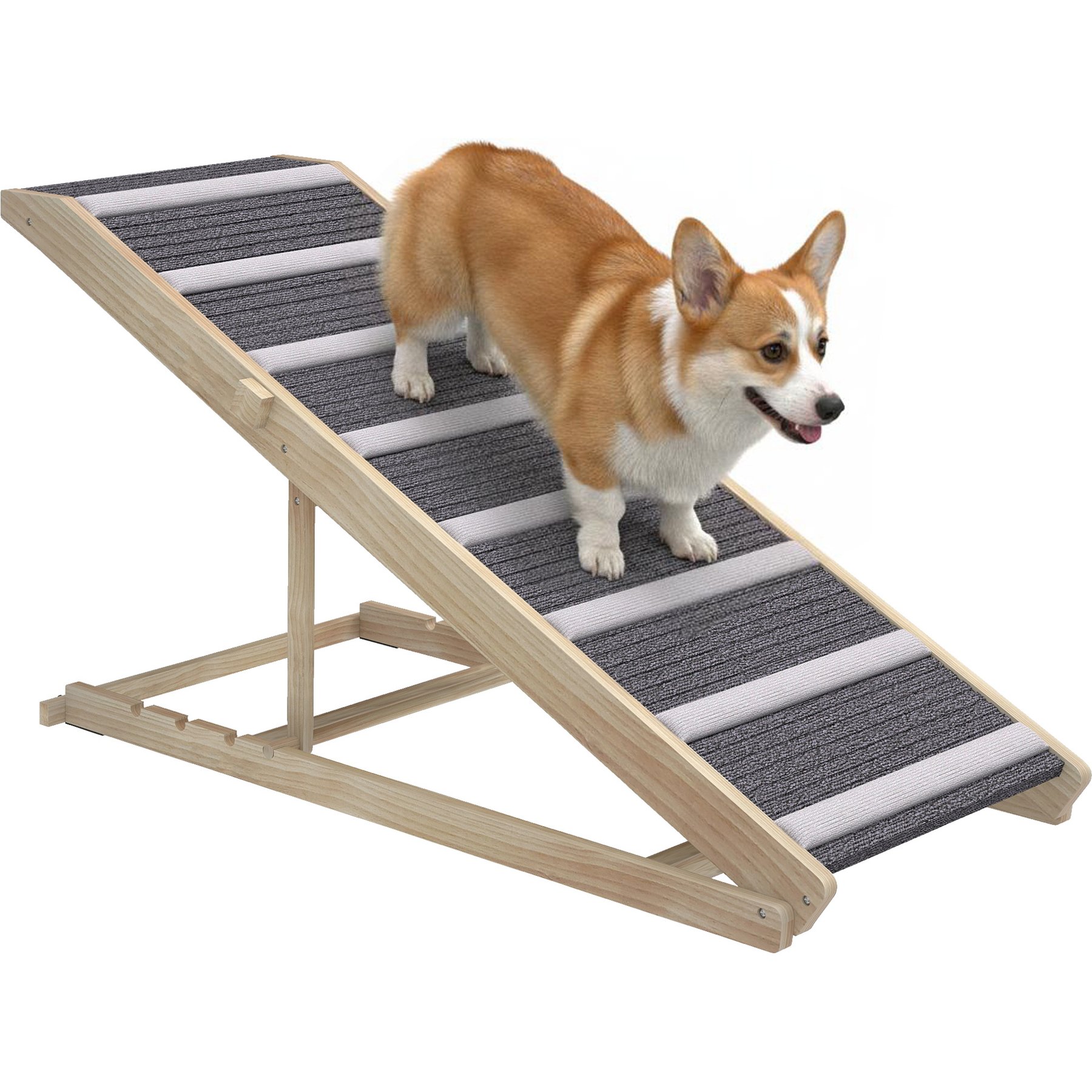 PawHut Foldable Dog Ramp with 4 Adjustable Height & Non-Slip Carpet, Natural Wood, 47.2 x 19.7 x 23.6-in