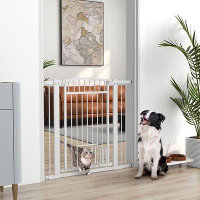 Show full view: PawHut 30 to 41-in Extra Wide Walk Through Metal Dog & Cat Gate with Door, 3 & 5.5-in Extension Kits & Pressure Mounted, White, 40.9 × 2 × 30.3-in slide 3 of 10