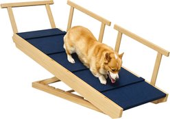 PawHut Adjustable Height & Foldable Wooden Dog Stairs Ramp with Non-slip Mat, Natural Wood, 33.5 x 15.7 x 30.9-in