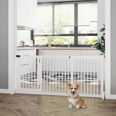 Show full view: PawHut 3 Panel Adjustable Freestanding Fence Wooden Dog Gate Extension with Safety Barrier Lockable Door, 65.25 × 14.25 × 28-in, White slide 2 of 9