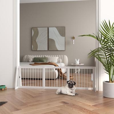 Show full view: PawHut Indoor Freestanding Wooden Dog Gate Extension with 28 to 75-in Retractable Length, Support Feet & Non-Slip Mats, 74.8 × 15.2 × 22-in, White slide 2 of 9