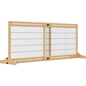 PawHut Indoor Slide-Adjust Freestanding Retractable Wooden Dog Gate Extension, Natural Wood, 70.9 x 14.25 x 27.25