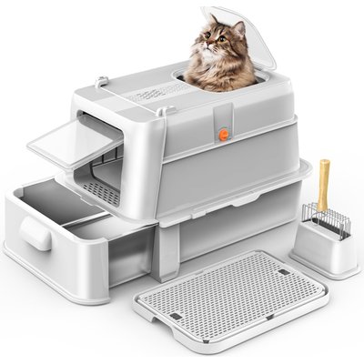 NEEZUKAR NEEZUKAR Enclosed Stainless Steel Cat Litter Box with Lid, Light Grey