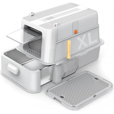 NEEZUKAR NEEZUKAR Enclosed Stainless Steel Cat Litter Box with Drawer & Flip Door, Light Grey