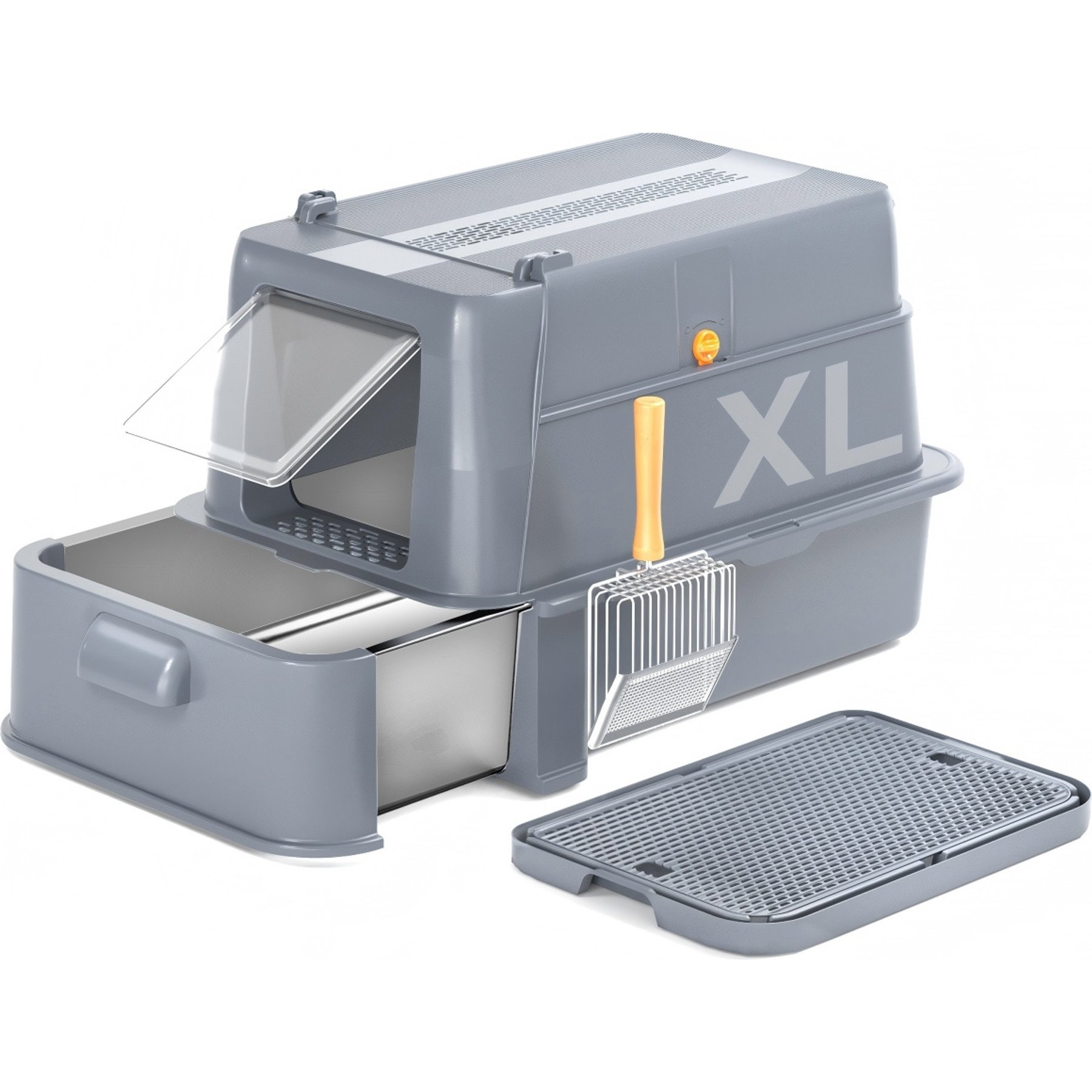 NEEZUKAR Enclosed Stainless Steel Cat Litter Box with Drawer & Flip Door, Dark Grey