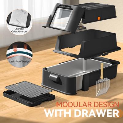 Show full view: NEEZUKAR Enclosed Stainless Steel Cat Litter Box with Drawer & Flip Door, Black slide 5 of 7