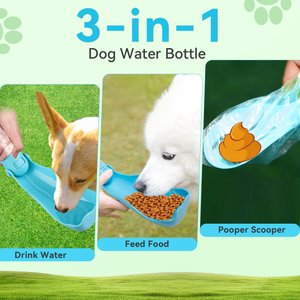 UPSKY Portable 3-in-1 Foldable Dog & Cat Water Dispenser with Food Container & Poop Scooper, Blue, 14.2-oz