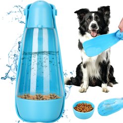 UPSKY Portable 3-in-1 Foldable Dog & Cat Water Dispenser with Food Container & Poop Scooper, Blue, 14.2-oz
