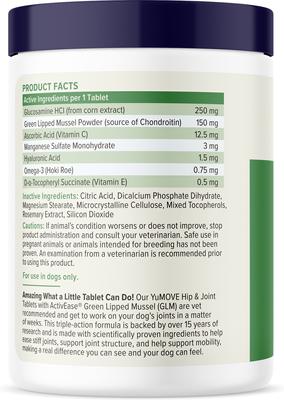 Show full view: Vetnique Labs YuMOVE Hip & Joint Support Glucosamine Omega 3 & Hyaluronic Acid Tablet Supplement for Senior Dogs, 120 count slide 4 of 11