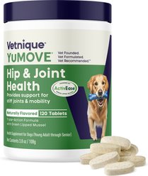 Vetnique Labs YuMOVE Hip & Joint Health Glucosamine Hyaluronic Acid Green Lipped Mussel & Omega 3, Chewable Tablet Supplement for Young Adult through Senior Dog, 120 count