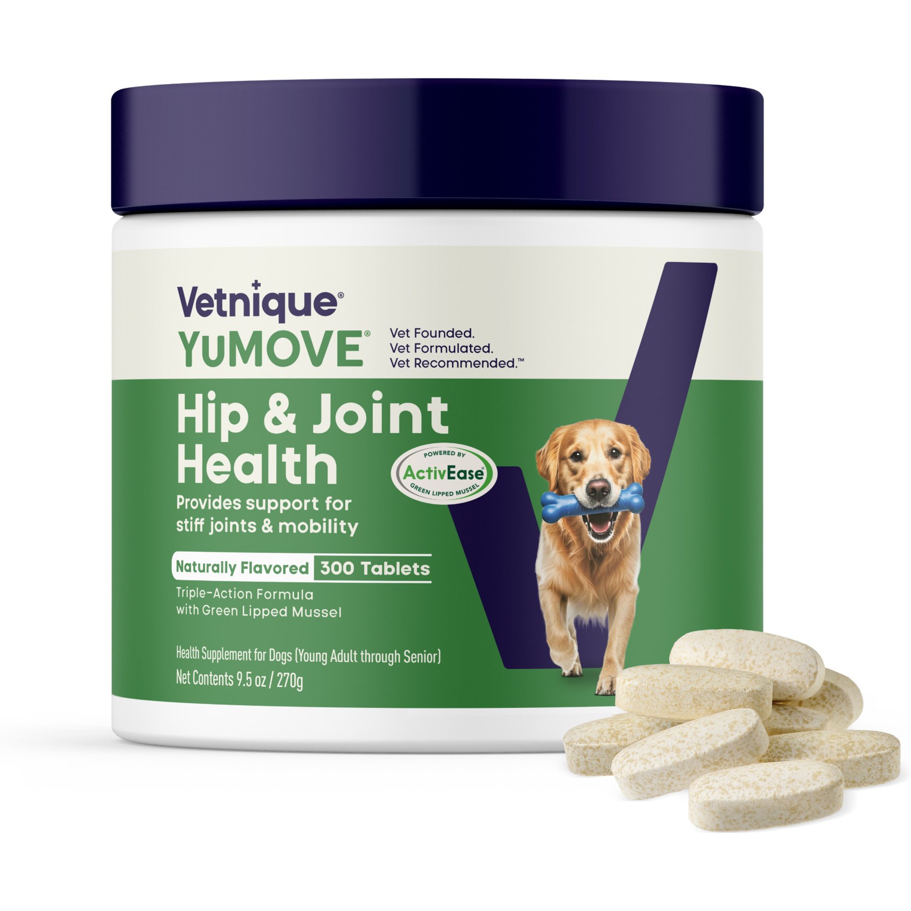Vetnique Labs YuMOVE Hip & Joint Health Glucosamine Hyaluronic Acid Green Lipped Mussel & Omega 3, Chewable Tablet Supplement for Young Adult through Senior Dog, 300 count
