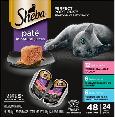 Show full view: Sheba Perfect Portions Seafood Pate Variety Pack Grain-Free Adult Wet Cat Food Trays, 2.6-oz, case of 24 slide 4 of 10