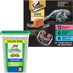 Sheba Perfect Portions Seafood Pate Grain-Free Food Trays + Greenies Feline Greenies Smartbites Healthy Indoor Tuna Flavored Cat Treats