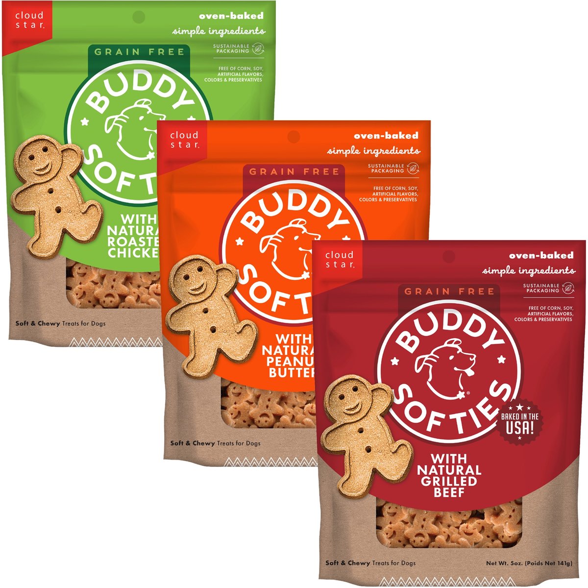 Buddy Biscuits Softies Variety Pack - Grilled Beef, Peanut Butter, & Roasted Chicken, 15-oz bundle