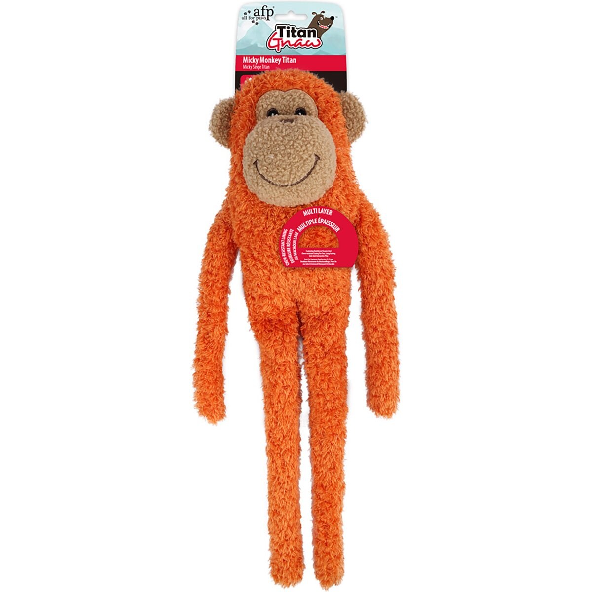 allforpaws Titan Gnaw Micky Monkey Tough Squeaky Dog Plush Toy, Orange