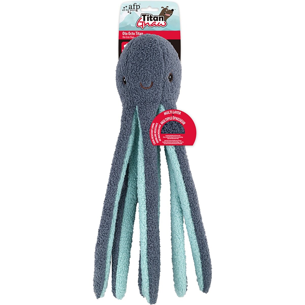 allforpaws Titan Gnaw Oto Octo Tough Squeaky Dog Plush Toy, Grey