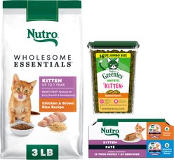 Kitten Variety Pack: Nutro Perfect Portions Variety Pack Pate Wet Food, 2.6-oz, case of 12 twin-packs + Greenies Smartbites Chicken Flavor Crunchy Treat, 16-oz tub + Nutro Wholesome Essentials Chicken & Brown Rice Recipe Dry Food, 3-lb bag