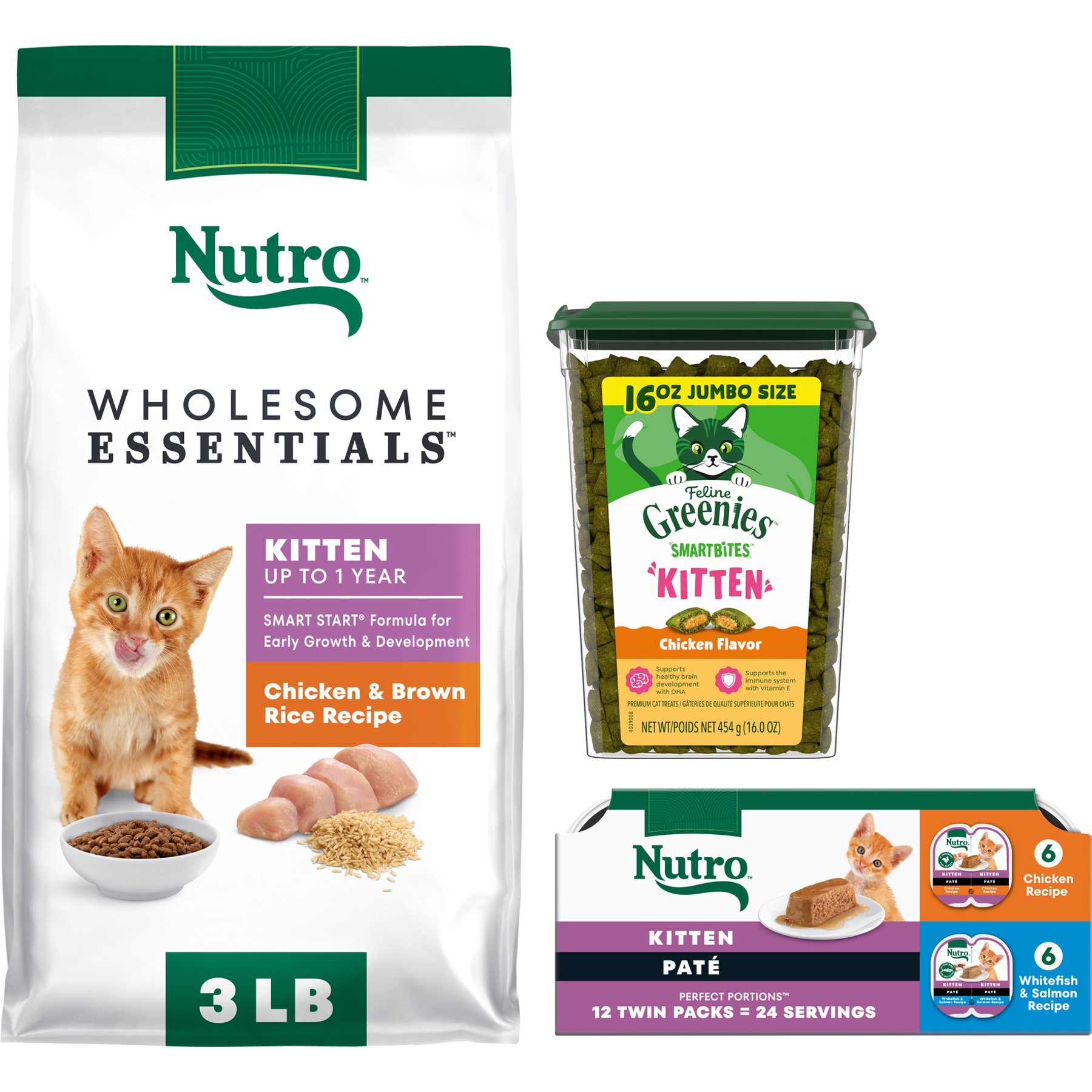 Kitten Variety Pack: Nutro Perfect Portions Variety Pack Pate Wet Food, 2.6-oz, case of 12 twin-packs + Greenies Smartbites Chicken Flavor Crunchy Treat, 16-oz tub + Nutro Wholesome Essentials Chicken & Brown Rice Recipe Dry Food, 3-lb bag