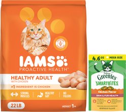 Iams ProActive Health Healthy Adult Original with Chicken Dry Cat Food, 22-lb bag + Greenies Feline SmartBites Healthy Skin & Fur Chicken Flavor Cat Treats, 4.6-oz bag