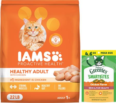 Iams Proactive Health Healthy Adult Chicken Recipe Dry Cat Food & Greenies Feline SmartBites Healthy Skin & Fur Natural Chicken Flavor Soft & Crunchy Adult Cat Treats